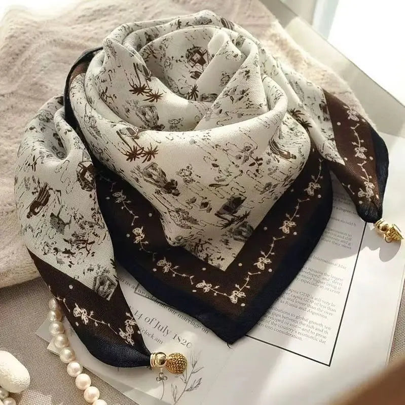 Luxury Silk Square Scarf - Magnetic Buckle & Print