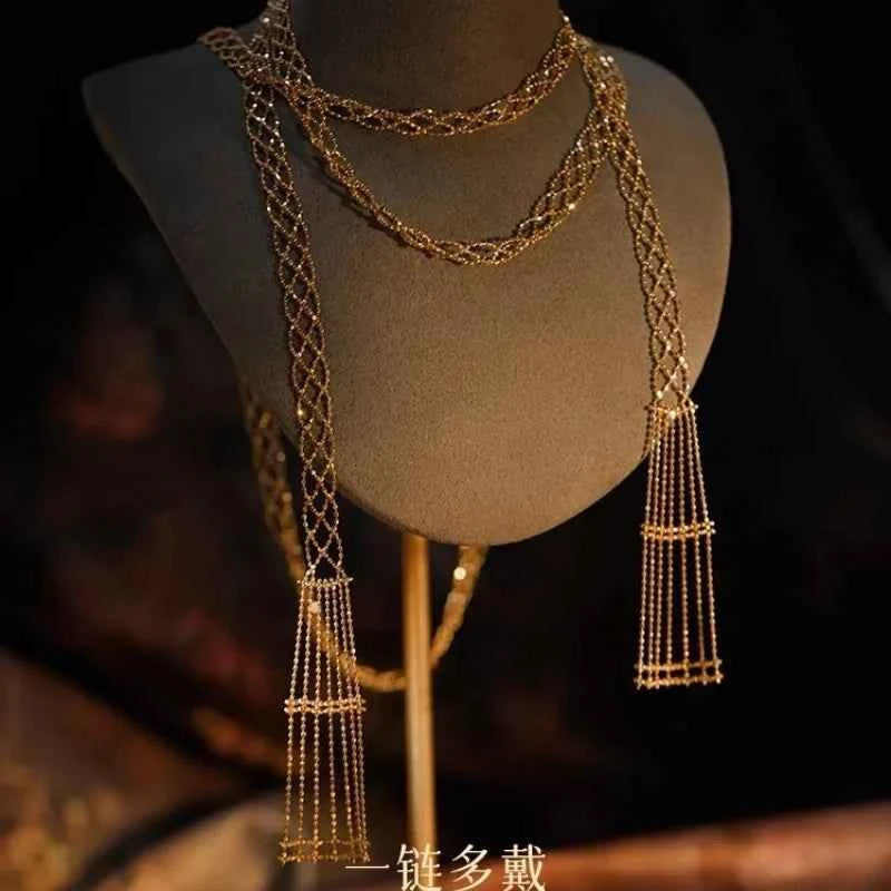Luxury Golden Zircon Long Fringed Necklace - Italian Niche Design