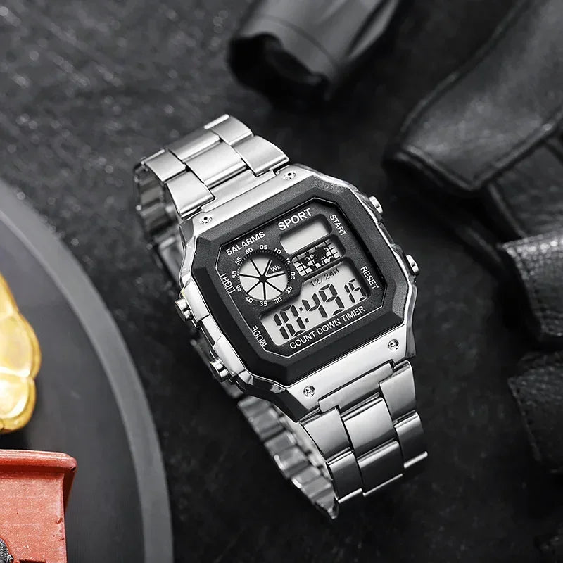 Classic Men's Digital Watch - Stainless Steel LED Wristwatch