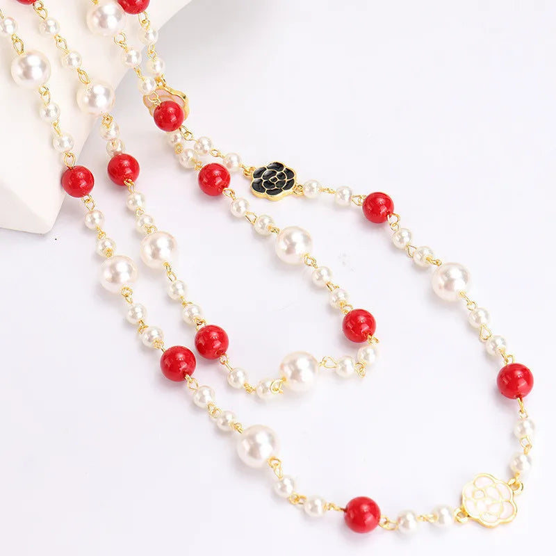 Elegant Long Pearl Necklace - Multilayer Camellia Flower Design