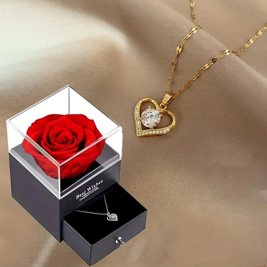 Luxury Zircon Necklace with Rose Flower Gift Box - Elegant Jewelry