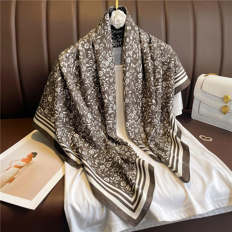 Luxury Square Silk Scarf - Elegant Tree Print Neck Shawl