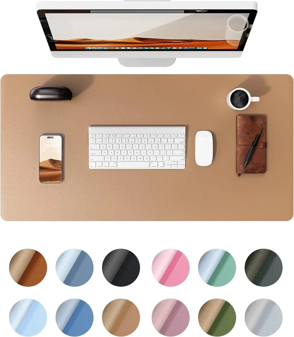 Leather Desk Mat - Large dark gray leather desk protector with keyboard and mouse