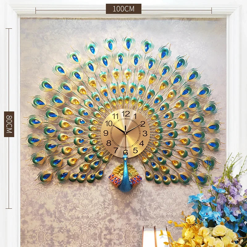 Elegant Vintage Metal Wall Clock - Large Peacock Design