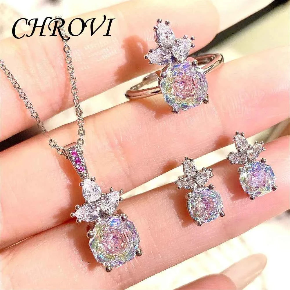 Luxury Silver Rose Jewelry Set - Pendant Necklace & Ring