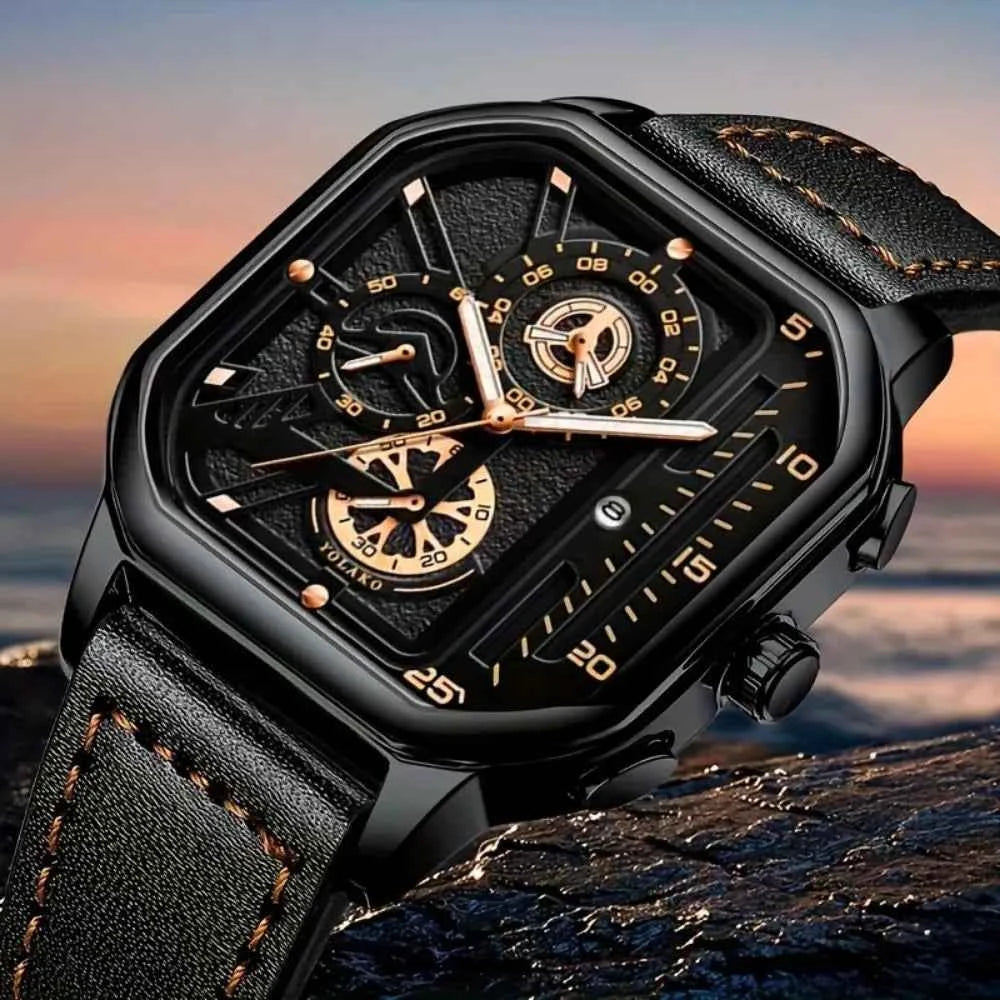 Luxury Men Square Watch - Casual PU Leather Sports Timepiece