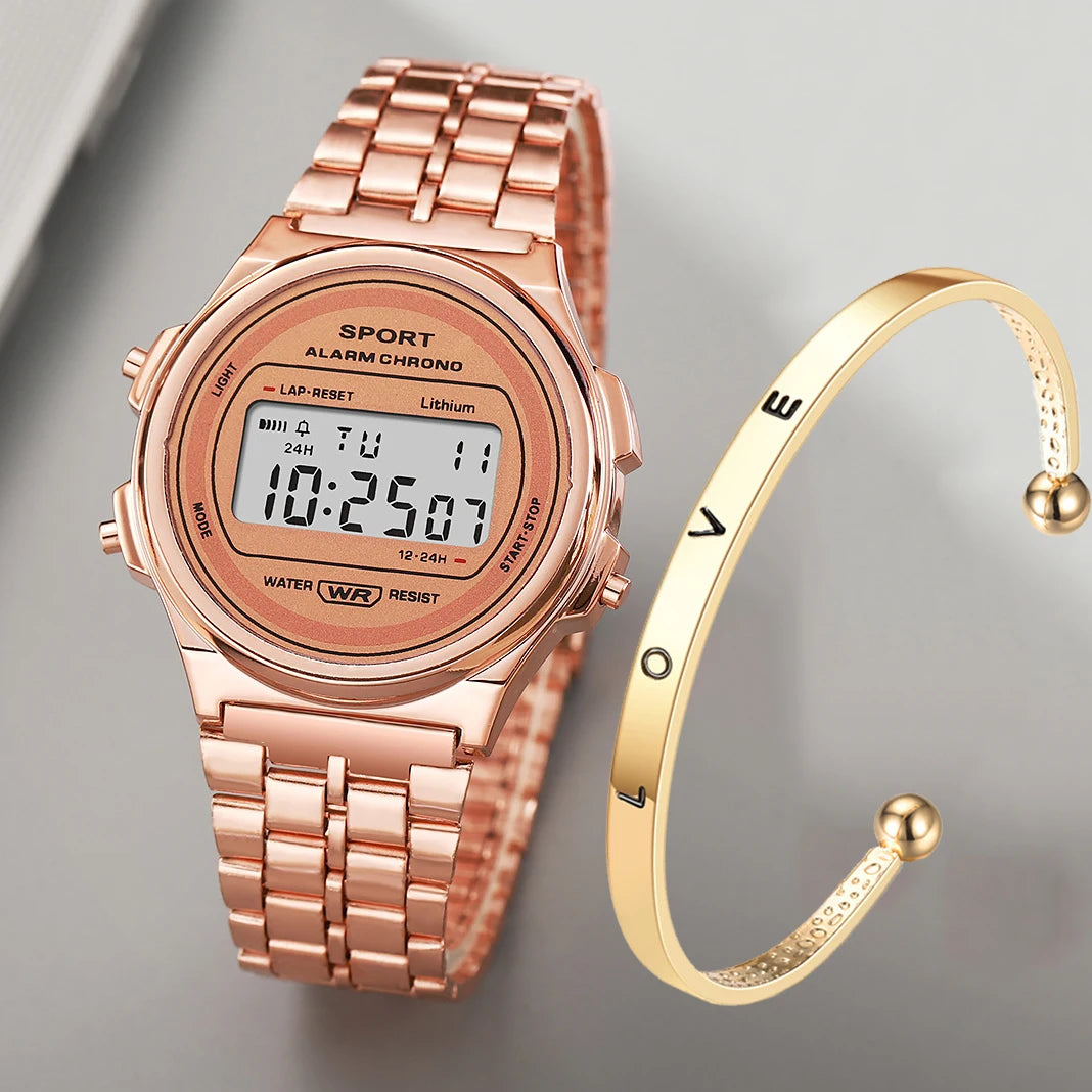 Retro Stainless Steel Ladies LED Digital Watch - Gold & Rose Gold