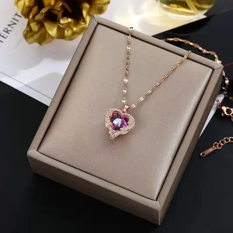 Luxury Crystal Ocean Heart Pendant Necklace - 316L Steel