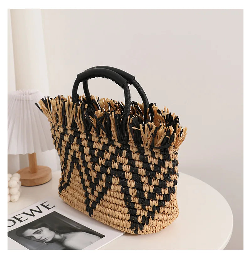 Elegant Straw Beach Tote - Tassel Accent