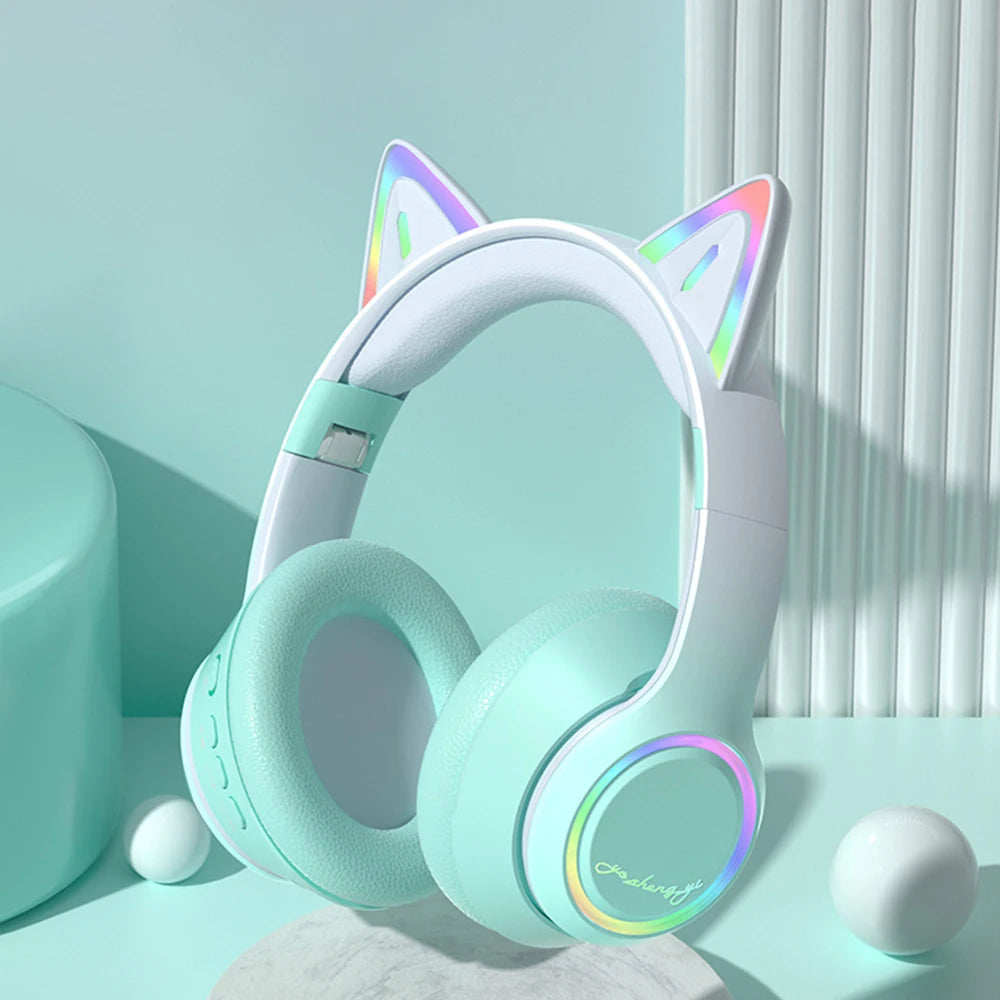 Premium RGB Cat Ear Headphones - Wireless Bluetooth 5.3 & Mic