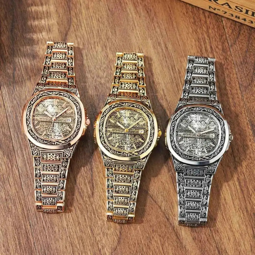 Elegant Men's Quartz Wristwatch - Embossed Stainless Steel