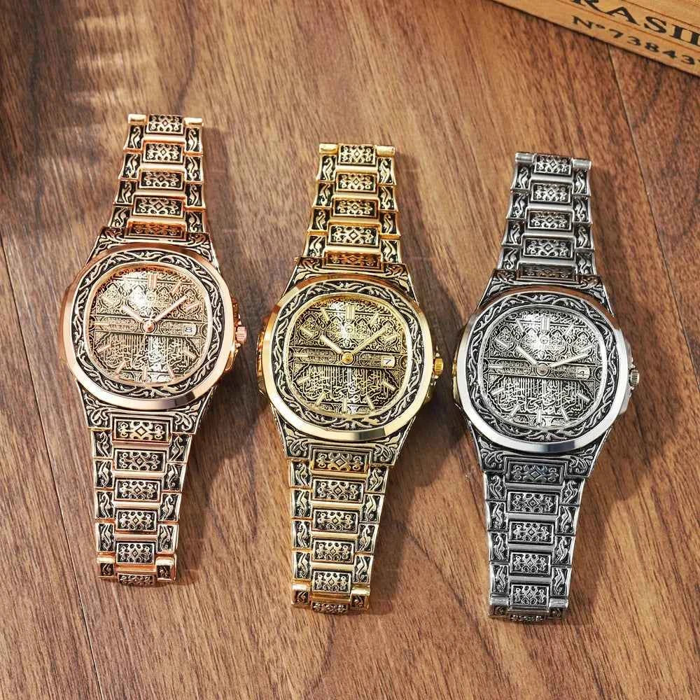 Elegant Men's Quartz Wristwatch - Embossed Stainless Steel