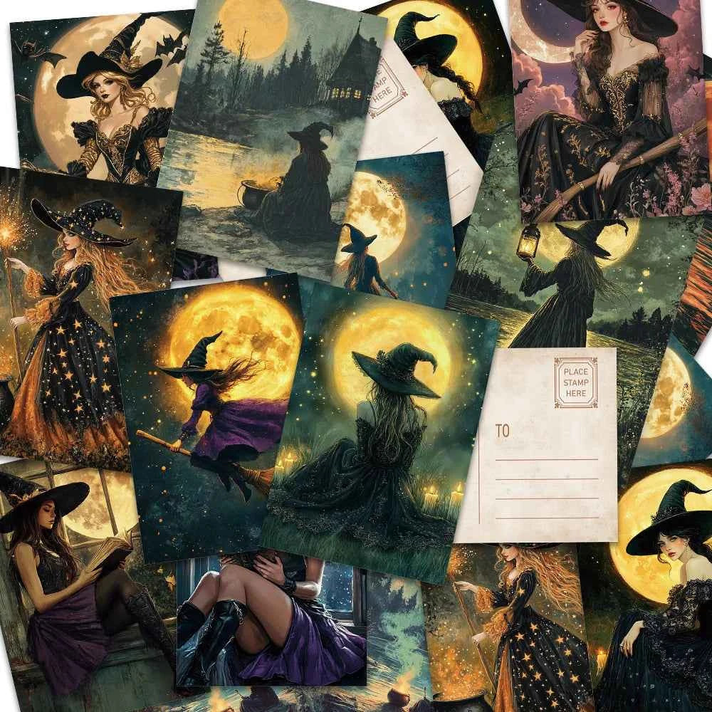 Halloween Witch Postcards - 32 assorted magical designs in mixed colors