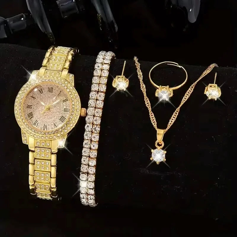 Elegant Crystal Wristwatch & Rhinestone Bracelet Set