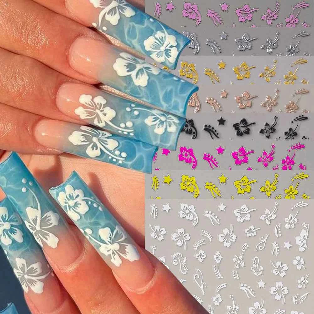 Luxury Bronzing Hibiscus Nail Stickers - Gold & Silver Floral Decals