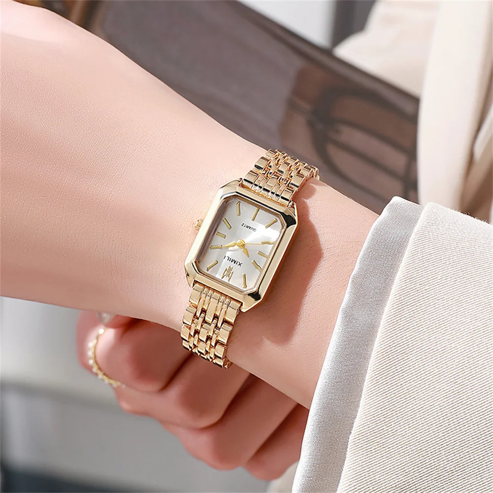 Elegant Square Quartz Watch - Gold Plated Women's Timepiece