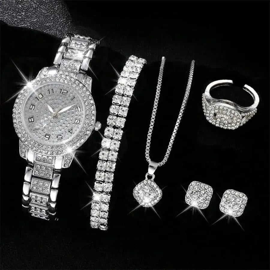 Elegant Crystal Wristwatch & Rhinestone Bracelet Set