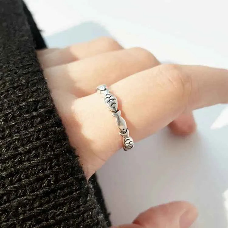 Exquisite Sterling Silver Fish Ring - Adjustable Open Band