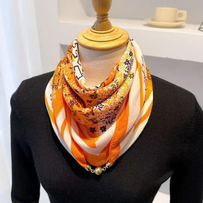Luxury Silk Square Scarf - Magnetic Buckle & Print