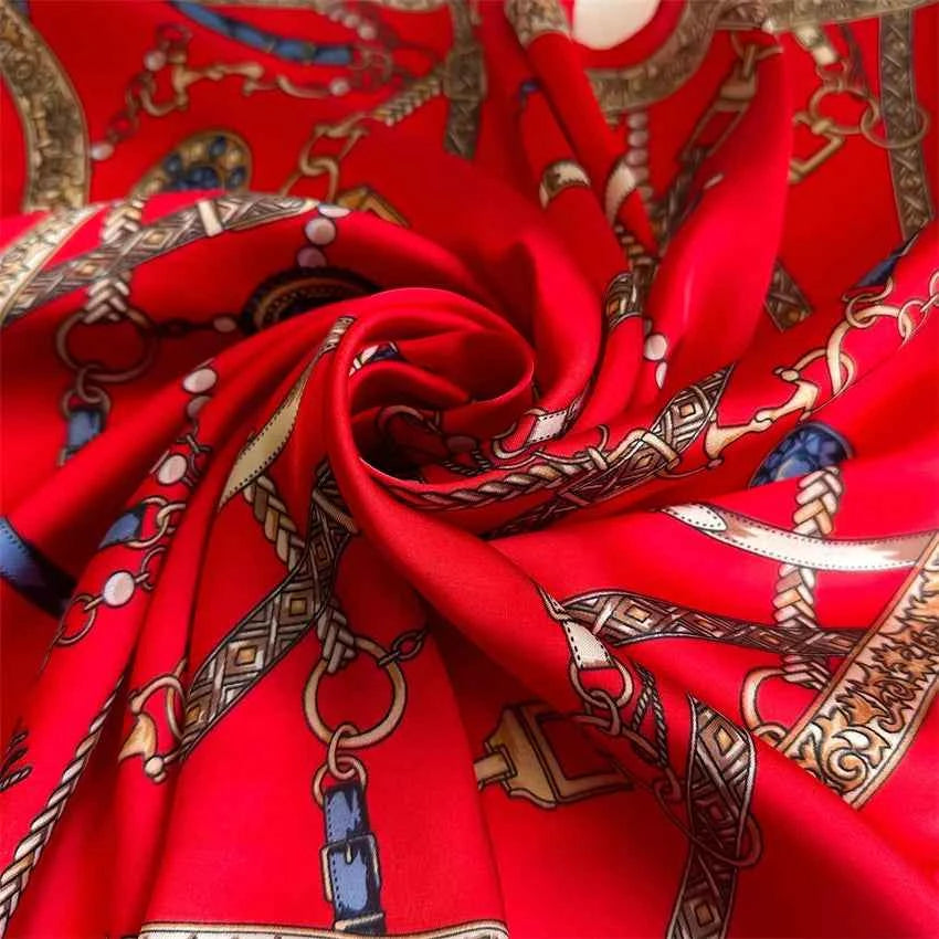 Luxury Red Chain Print Small Square Scarf - Simulated Silk