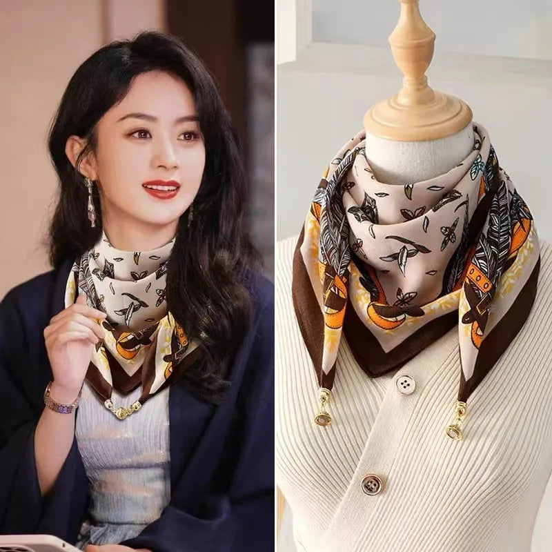 Luxury Silk Square Scarf - Magnetic Buckle & Print
