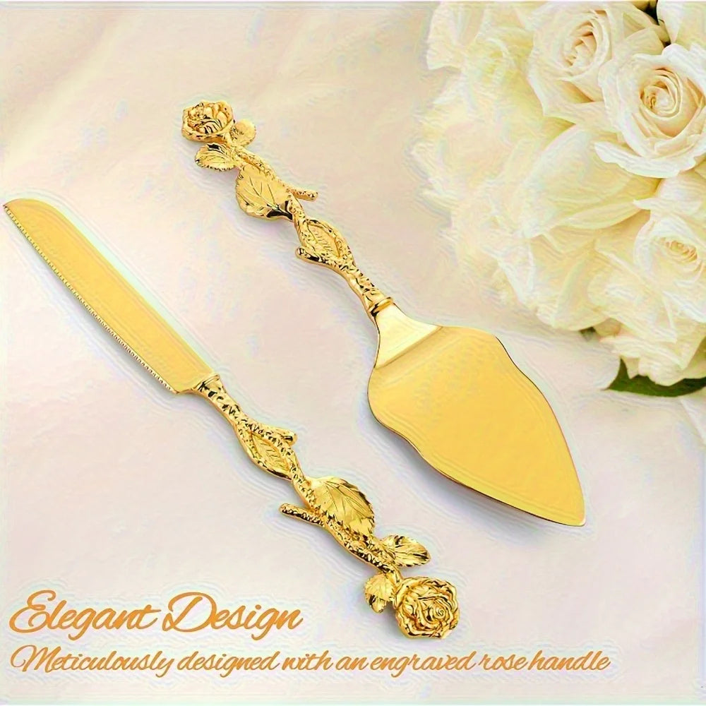 Elegant Rose Handle Luxury Cake Serving Set - 2pcs Golden
