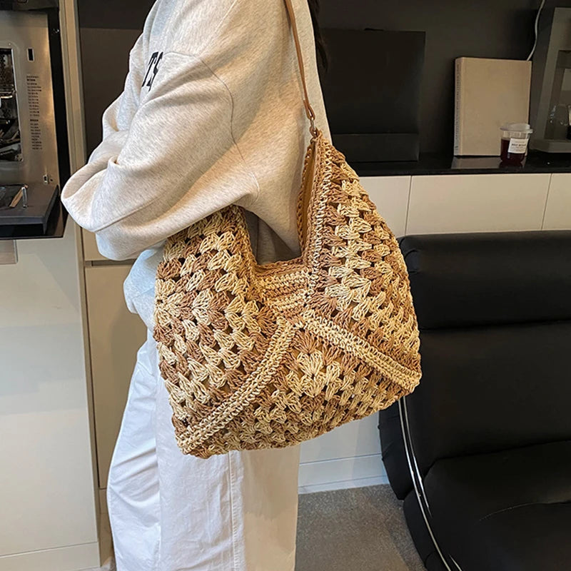 Elegant Knitted Straw Handbag - Hand-Woven Seaside Tote