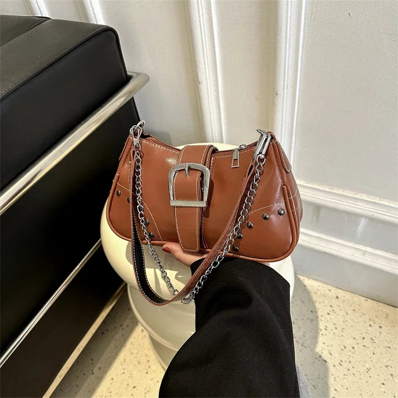 Elegant Vintage Rivet Shoulder Bag - Fashion Chain Accent