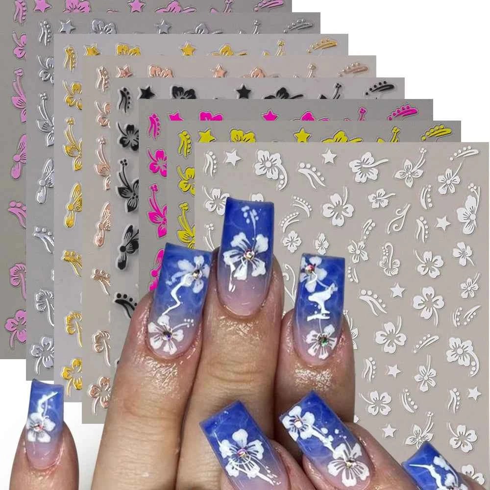 Luxury Bronzing Hibiscus Nail Stickers - Gold & Silver Floral Decals