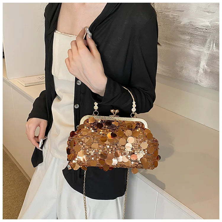 Elegant Sequins Evening Clutch Bag - Bling Chain Strap