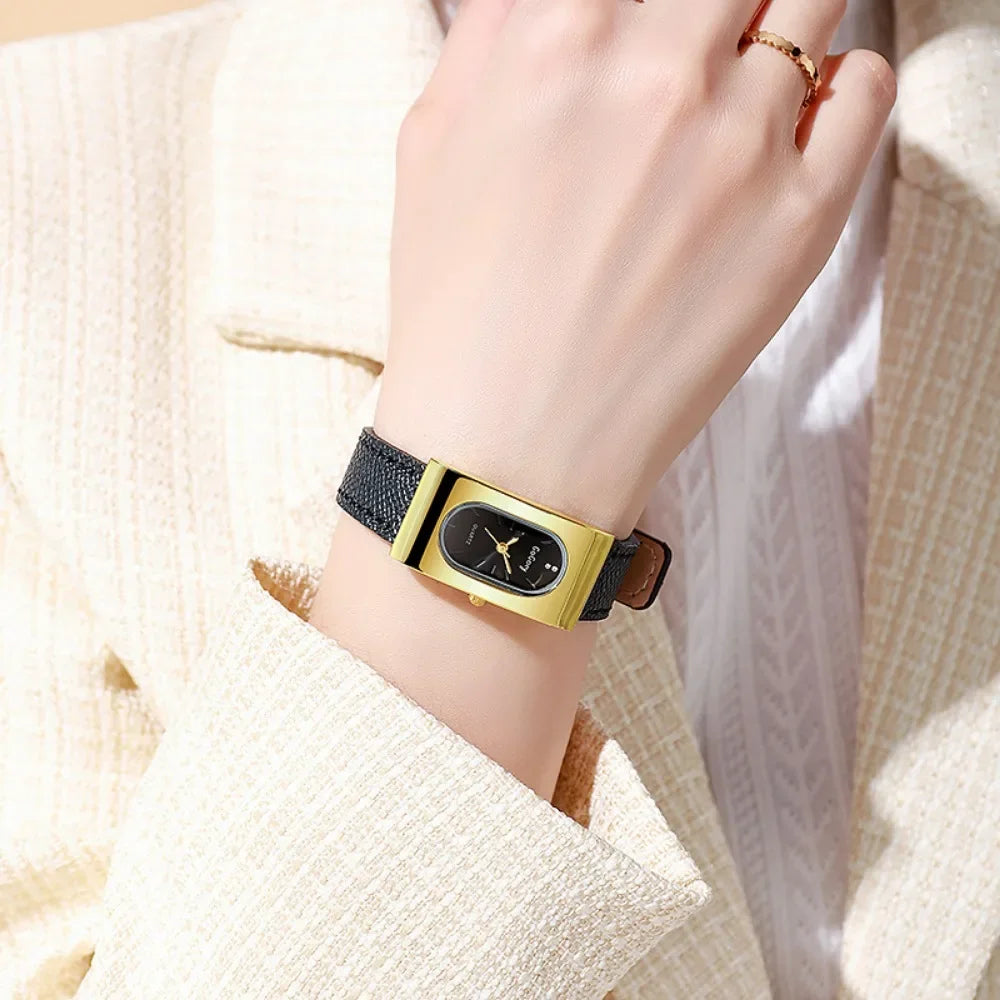 Elegant Ladies Rectangular Quartz Watch - Leather Strap