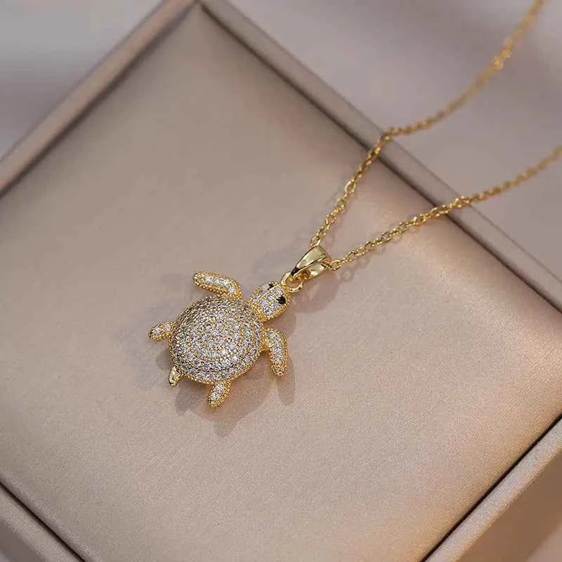 Elegant Crystal Turtle Pendant Necklace - Vintage Gold & Silver Chain