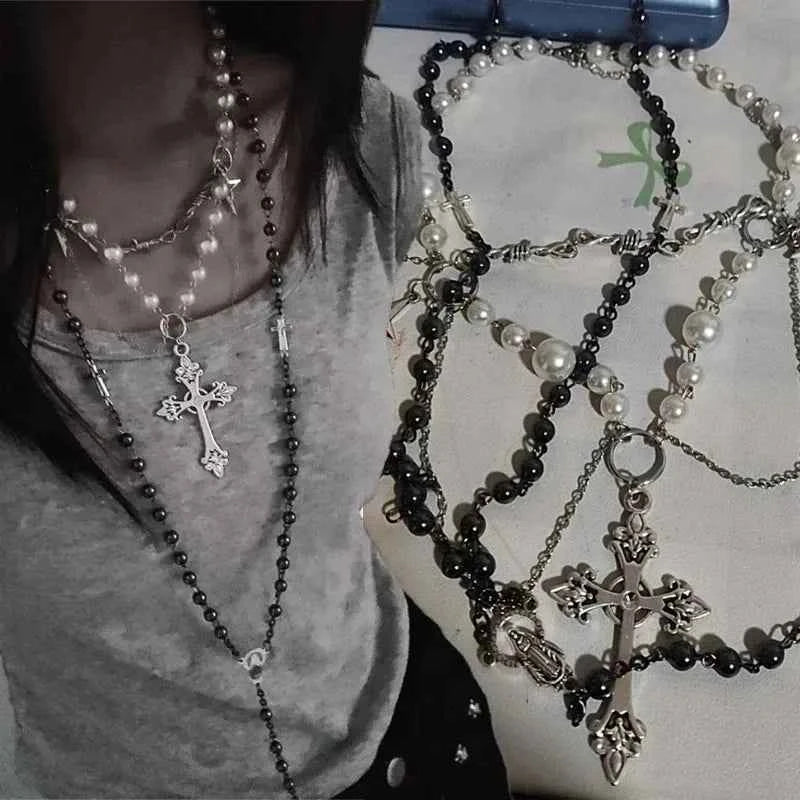 Elegant Baroque Pearl Choker - Multi Layer Cross Necklace