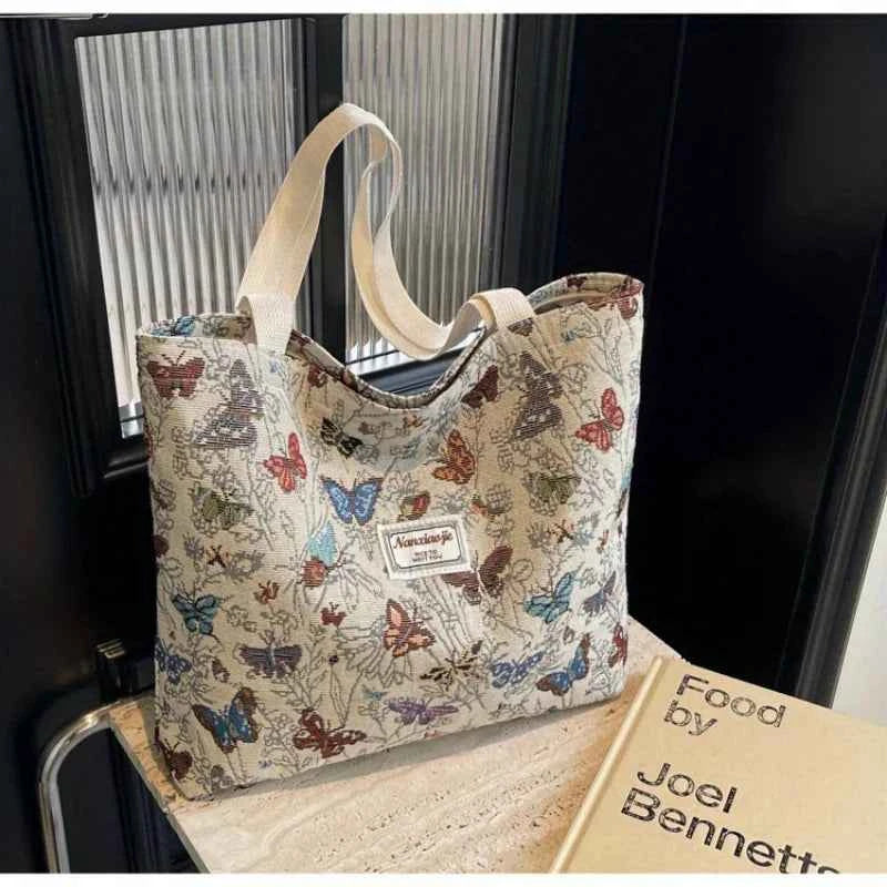 Elegant Butterfly Canvas Bag - Embroidered Shoulder Tote