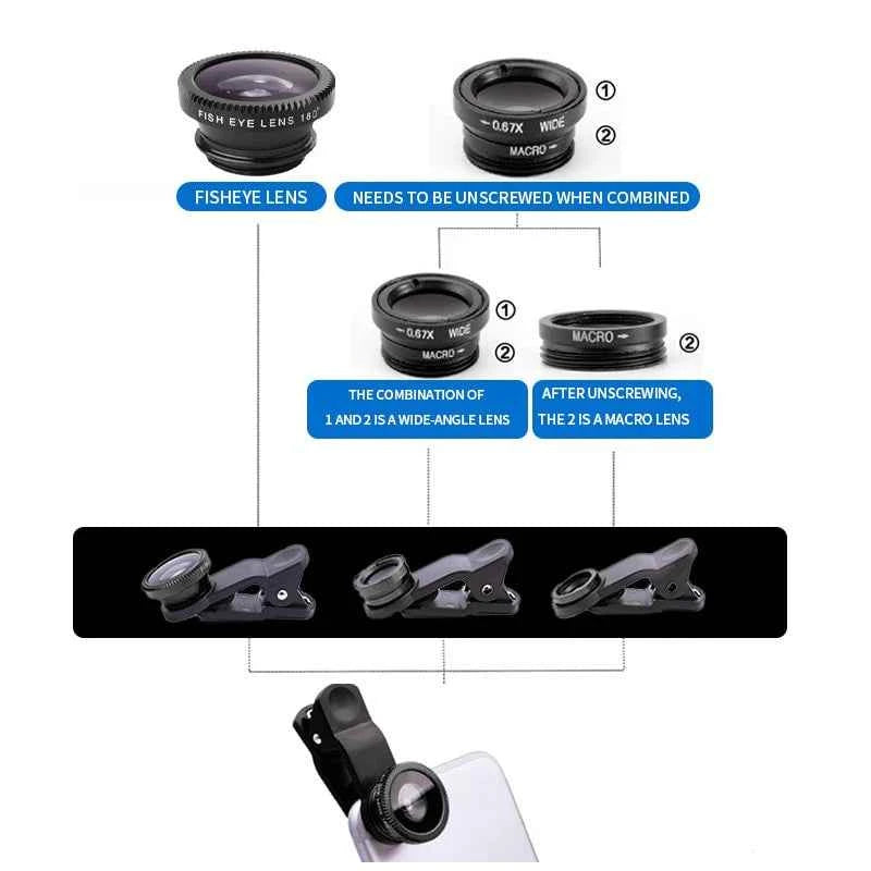 Professional Smartphone Camera Lens Kit - 3in1 Fisheye & Wide Angle