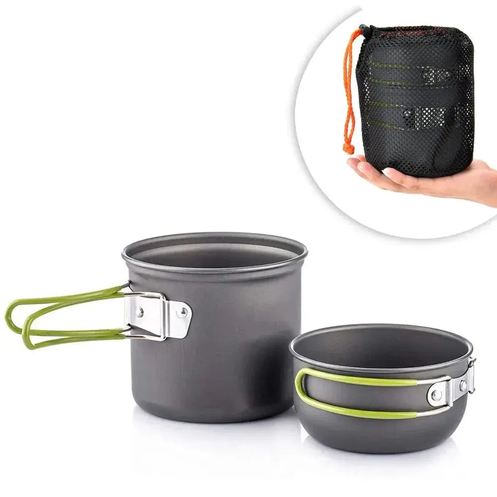 Ultralight camping cookware mess kit - compact silver pots and tableware for outdoor cooking