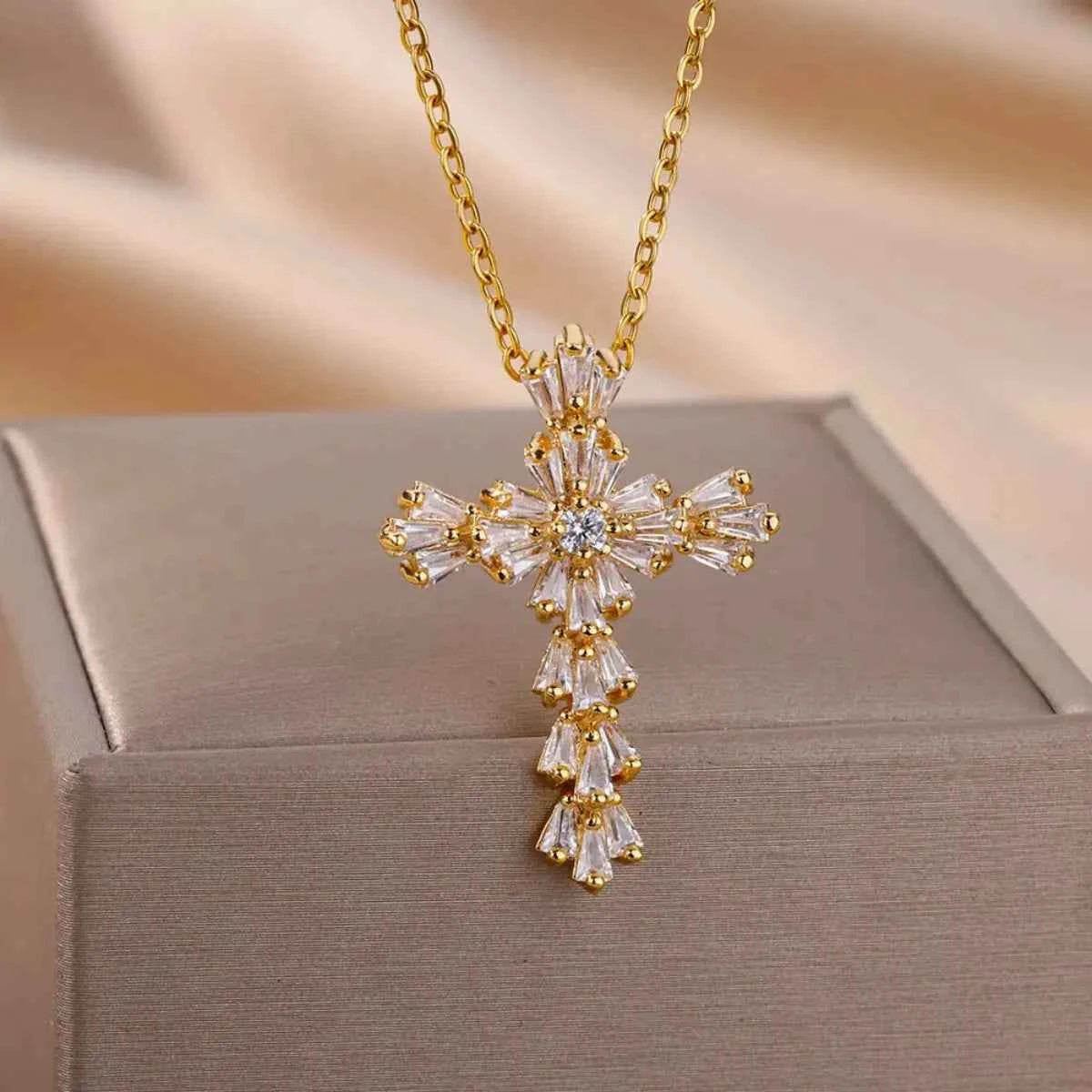 Luxury Zirconia Cross Pendant Necklace - Elegant Stainless Steel