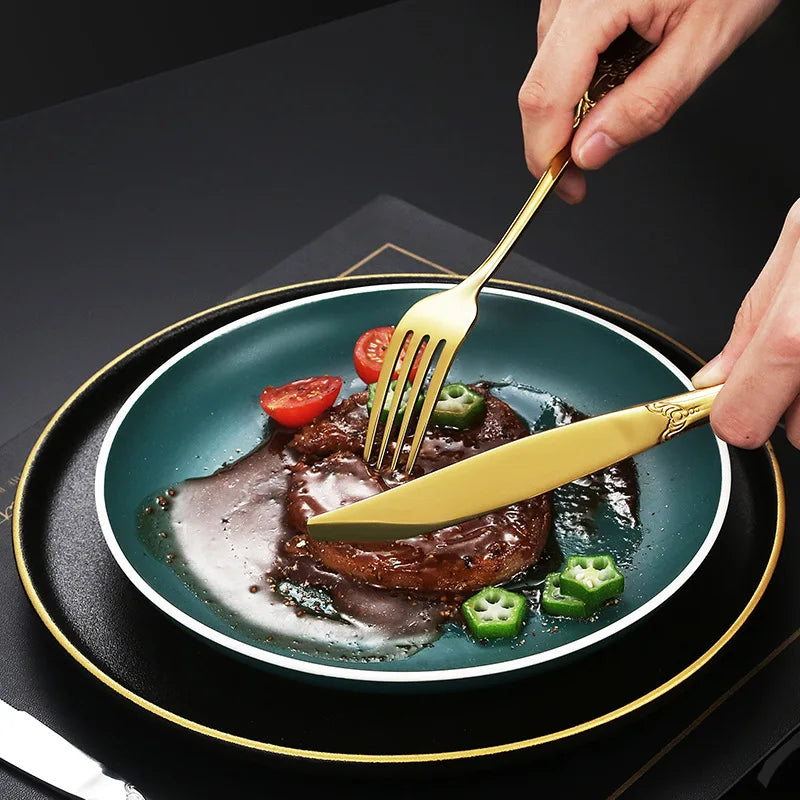 Elegant European Relief Flatware Set - Stainless Steel Tableware