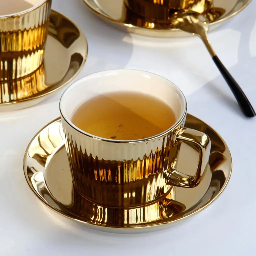 Gold plated ceramic cup & saucer set - elegant 250ml white cup with gold rim