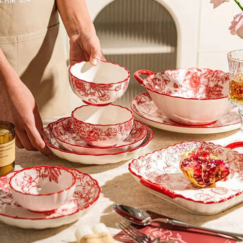Luxury Red Dinner Set - elegant Italian ceramic round plates and bowls in vibrant red