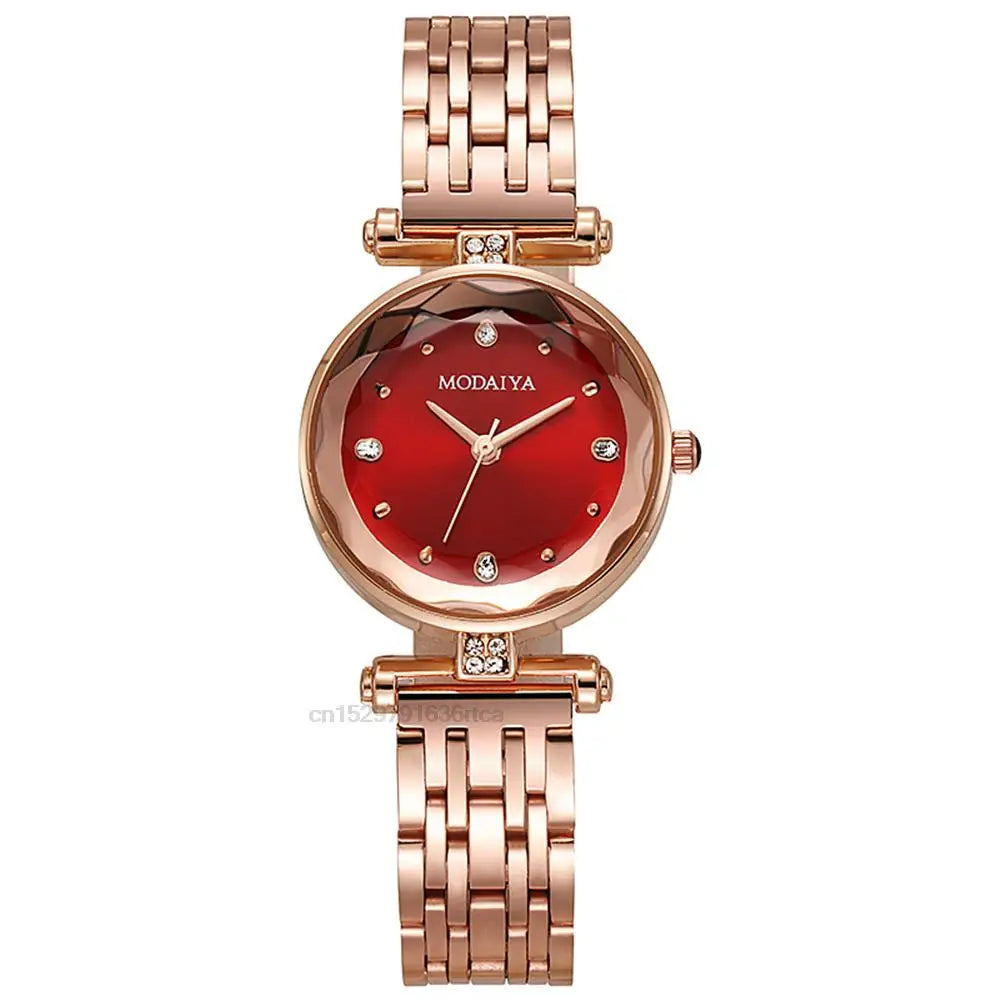 Elegant Ladies Diamond Quartz Watch - Red Alloy & Leather