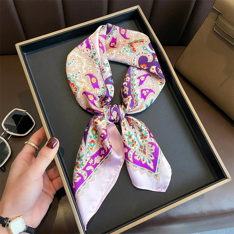 Elegant Bohemian Silk Square Scarf - Floral Satin Neck Scarf