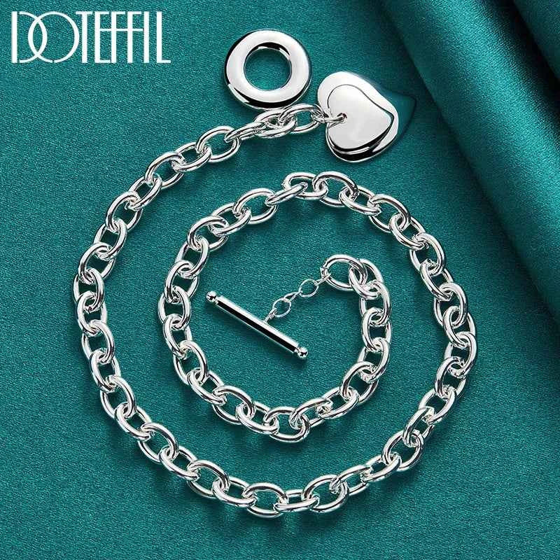 DOTEFFIL 925 Sterling Silver Double Heart Necklace Bracelet Set For Women Man Wedding Engagement Party Jewelry