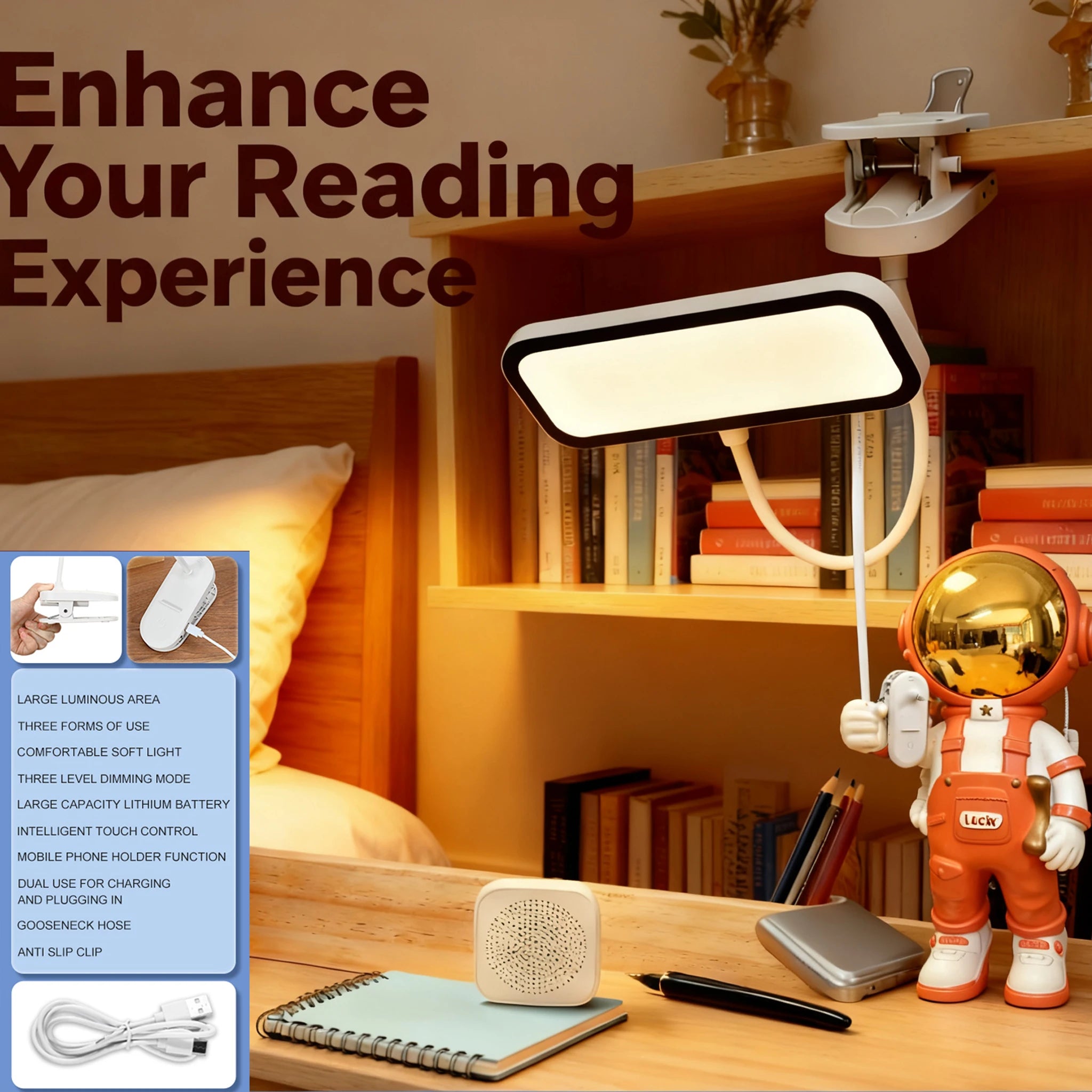 Premium LED Clip-On Desk Lamp - 3 Color & Touch Control