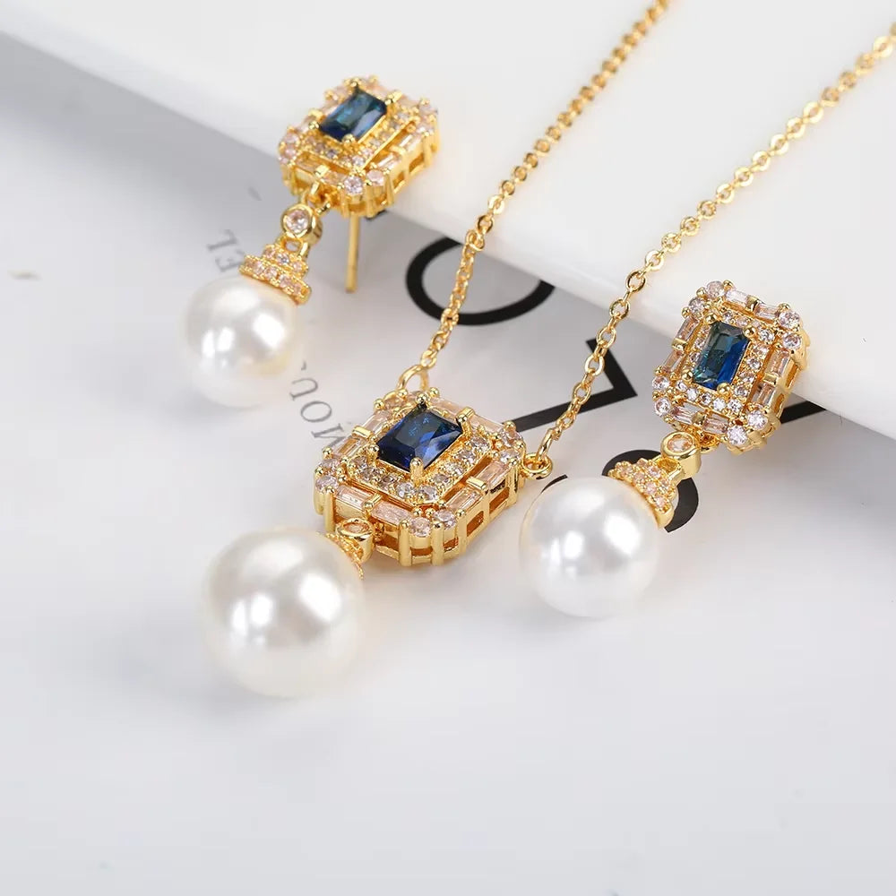 Luxury Pearl Pendant Necklace Earring Set - 18K Gold Plated