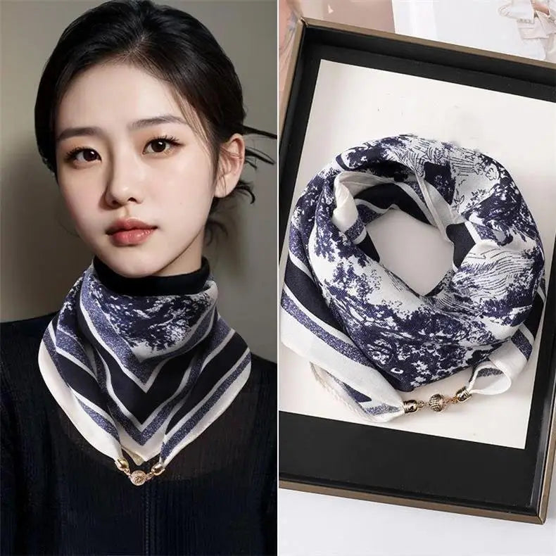 Luxury Silk Square Scarf - Magnetic Buckle & Print