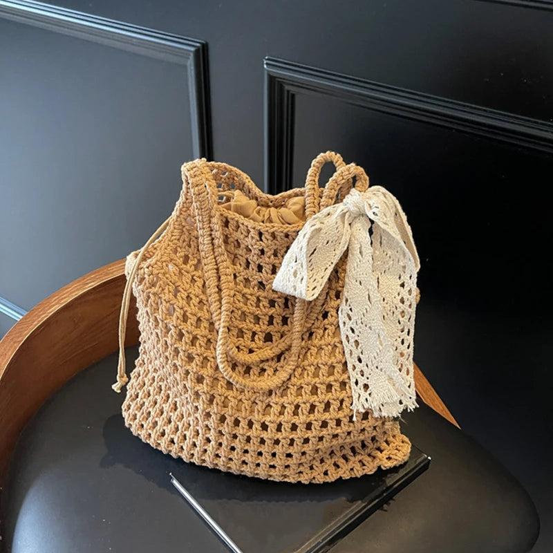 Elegant Straw Shoulder Bag - Vintage Lace Bow Tote