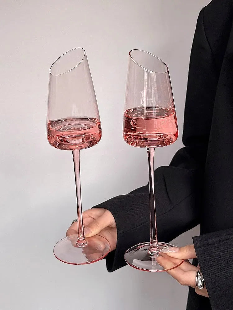 Elegant Pink Vintage Wine Glass - Slanted Mouth Design