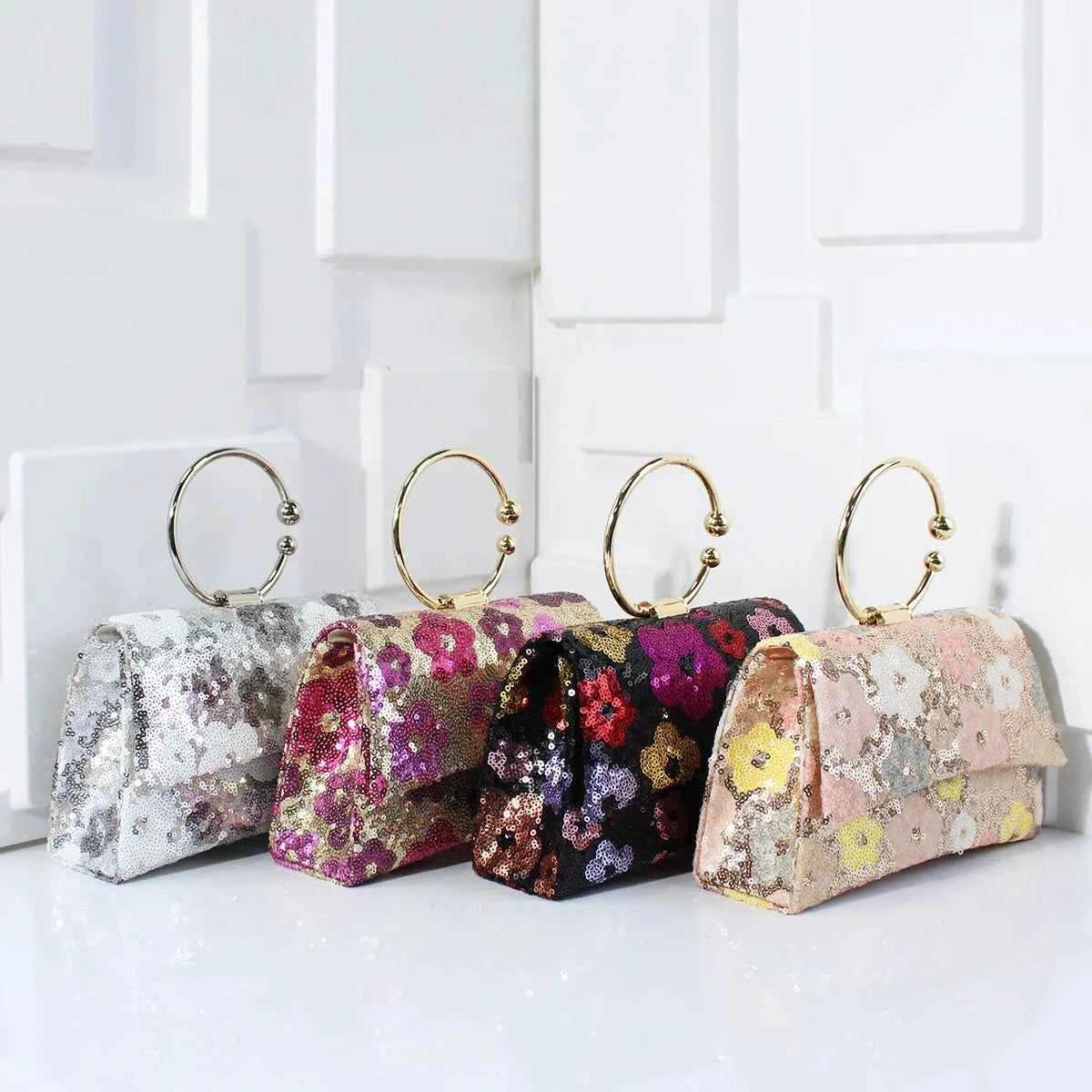 Elegant Sequins Evening Handbag with Floral Design