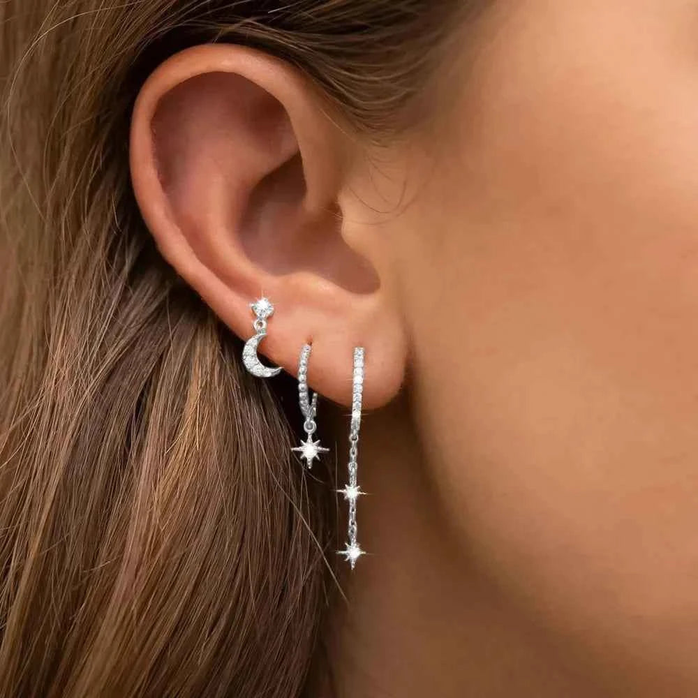 Luxury Zircon Stud Earrings - Gold Moon & Star Set